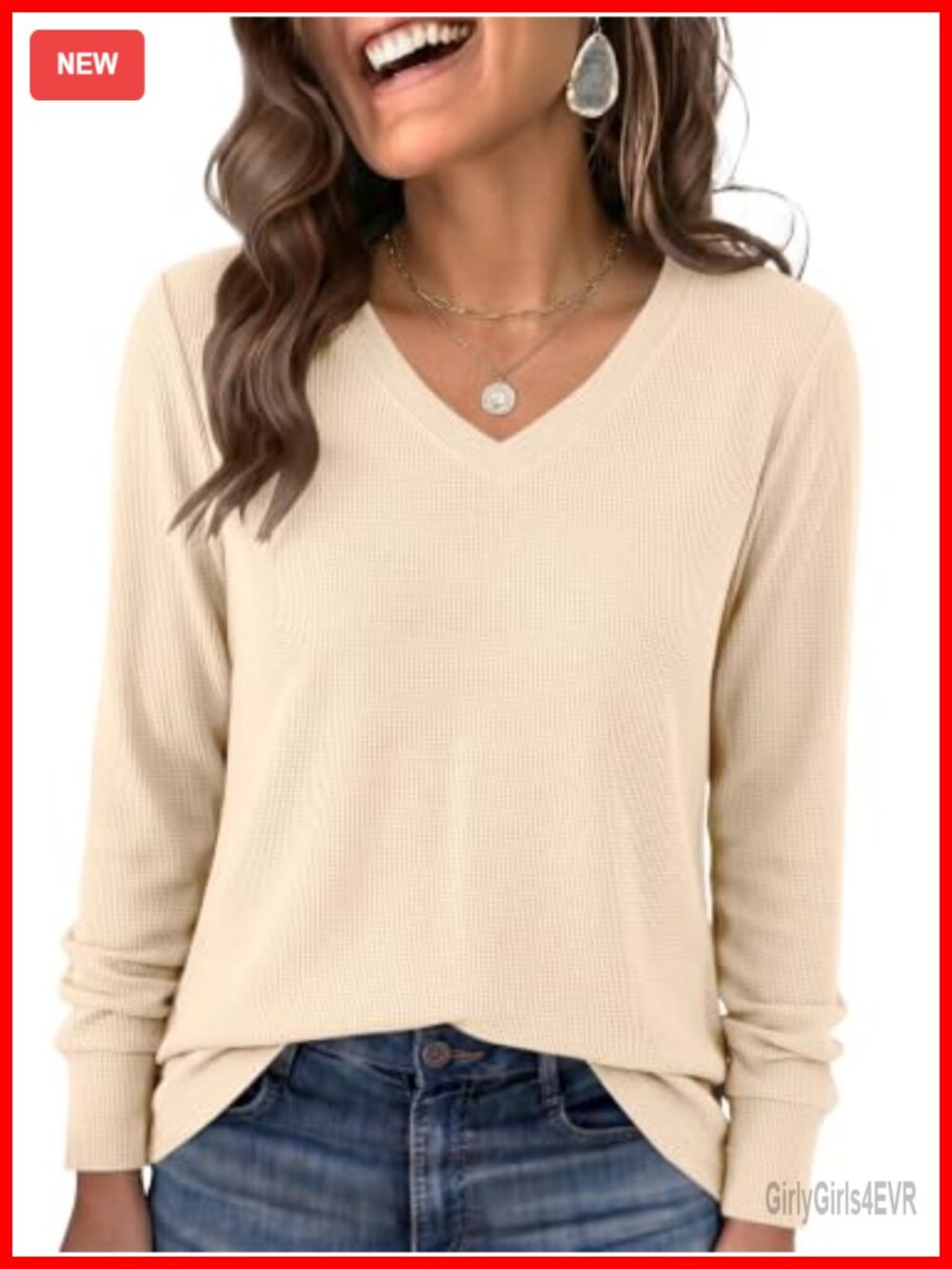 Waffle Knit V Neck Long Sleeve Tunic Top Loose Fit Casual